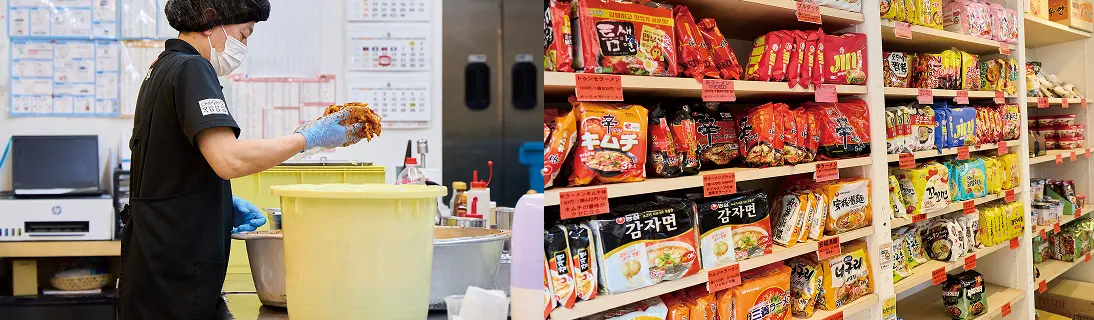 キムチを作る人と店内