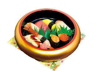 寿司桶(すしおけ)に盛り付けられたにぎり寿司