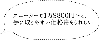 スニーカーで1万9800円~と、手に取りやすい価格帯もうれしい
