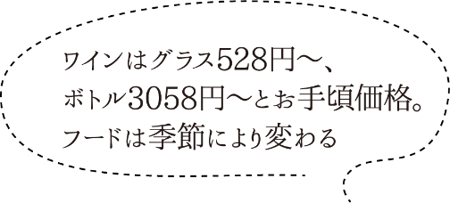 ワインはグラス528円～、ボトル3058円～とお手頃価格。フードは季節により変わる