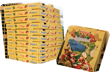 箱に入った商品のピザ