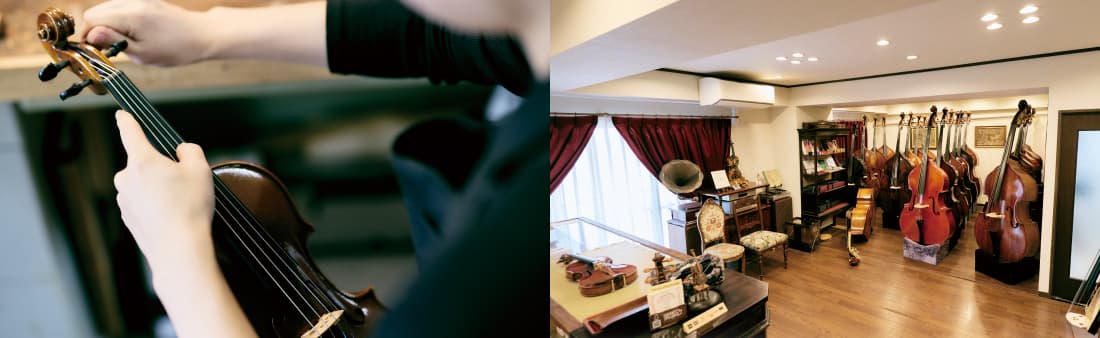 店内とバイオリンを触るスタッフ