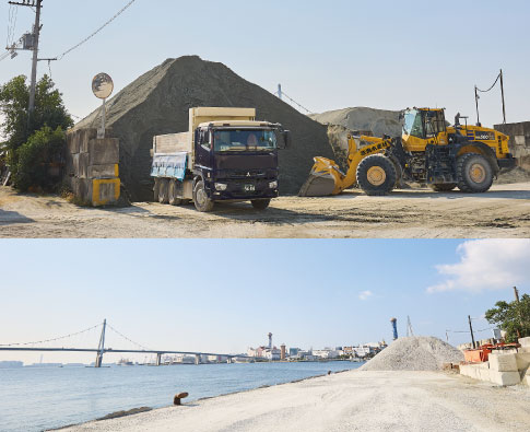 骨材運搬船が九州・瀬戸内地方から大阪北港のストックヤードに直接接岸する