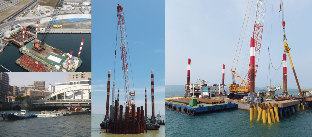 全国各地の海上工事に対応する船舶体制とスパッド固定方式による安定施工