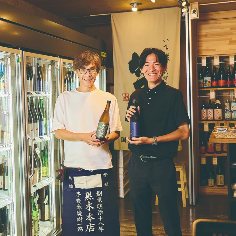 今月のあましんさん　平井 覚さん（南茨木支店 2021年入庫）と、かどや酒店の店主、角本稔さん
